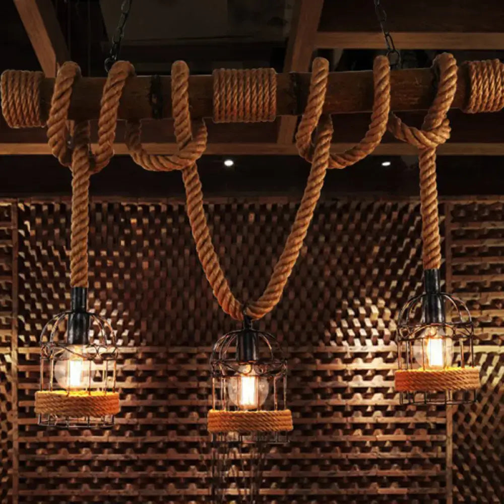 Decorbites vintage rust birdcage shade metal island light with adjustable thick brown rope pendant lighting