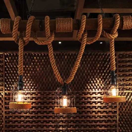 Decorbites vintage rust birdcage shade metal island light with adjustable thick brown rope pendant lighting
