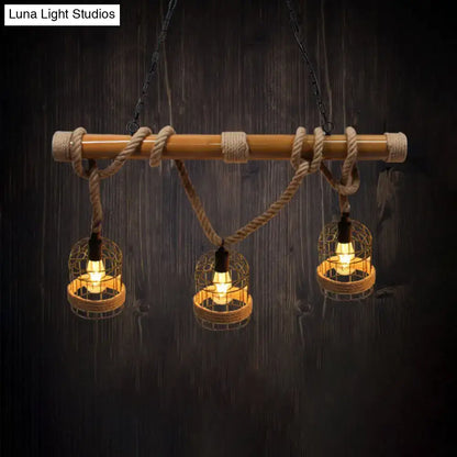 DecorBites vintage rust birdcage pendant lighting with three woven wire metal island light heads and adjustable rope