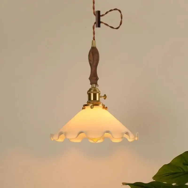 Vintage scalloped cream glass led pendant light with brass fixture and dark wood handle for kitchen dining room decorbites cream glass