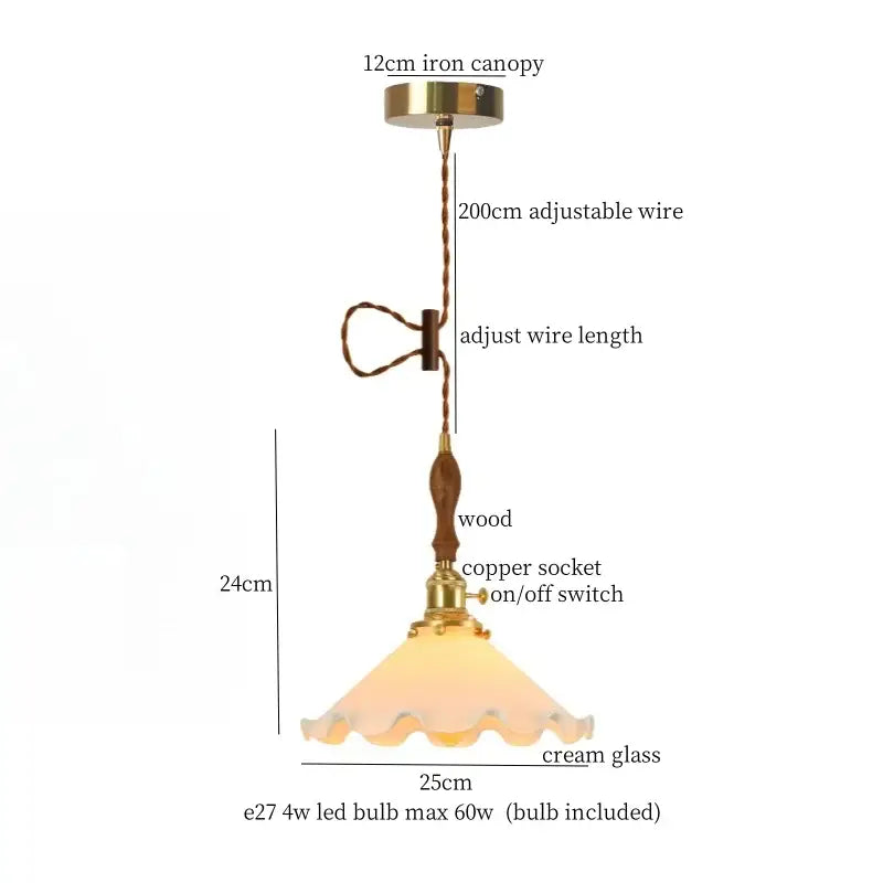 Vintage scalloped cream glass led pendant light with brass-finished iron canopy and wooden handle for kitchen decorbites decor