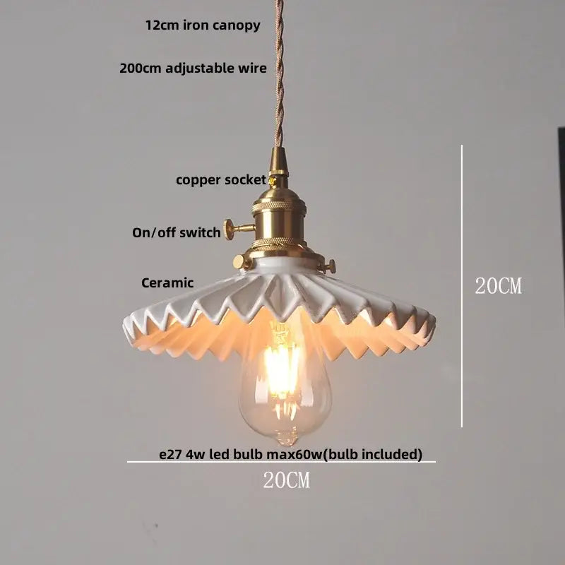 Vintage scalloped white porcelain pendant light fixture with brass and walnut wood accents for dining room lighting