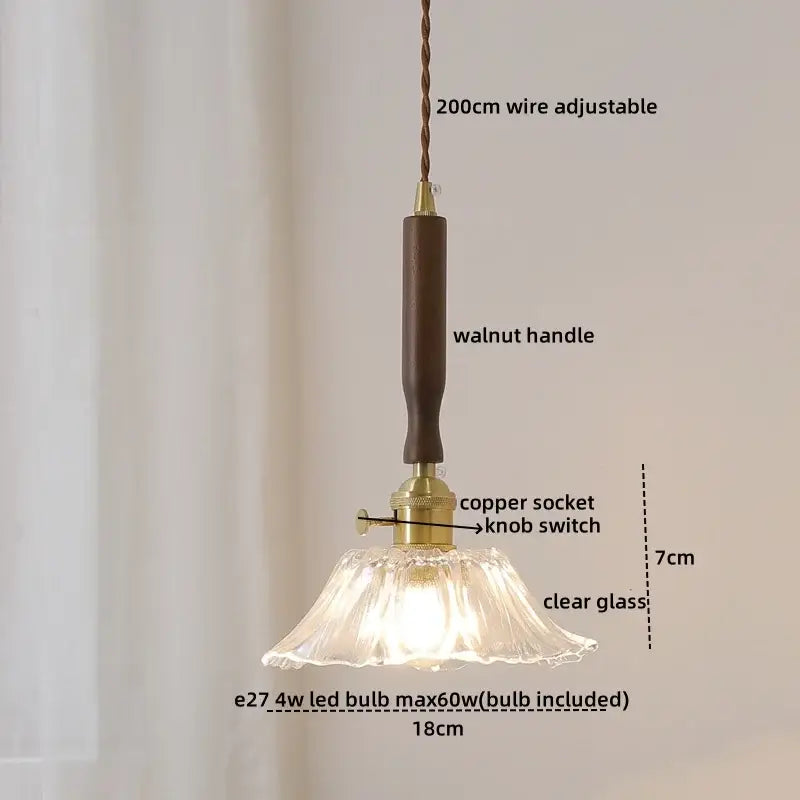 Vintage scalloped glass copper walnut led pendant light with walnut handle and copper socket for dining room decorbites copper walnut