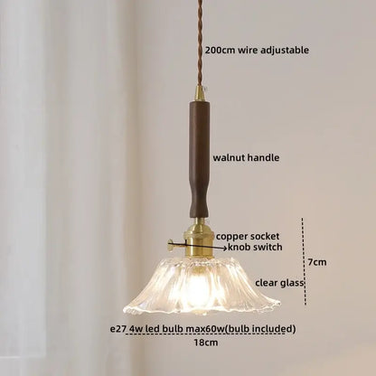 Vintage scalloped glass copper walnut led pendant light with walnut handle and copper socket for dining room decorbites copper walnut