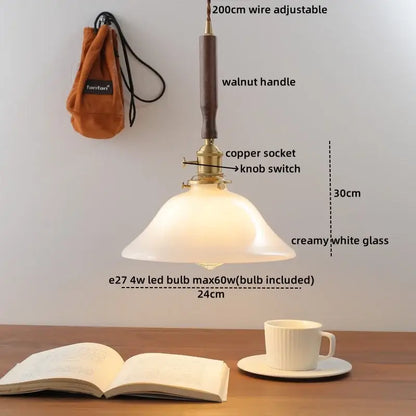 Vintage scalloped glass copper walnut led pendant light with creamy white shade and walnut handle for dining room decorbites copper walnut