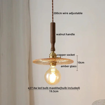 Vintage scalloped pendant lights with warm amber glass, brass copper socket, walnut handle, and decorbites copper walnut led design