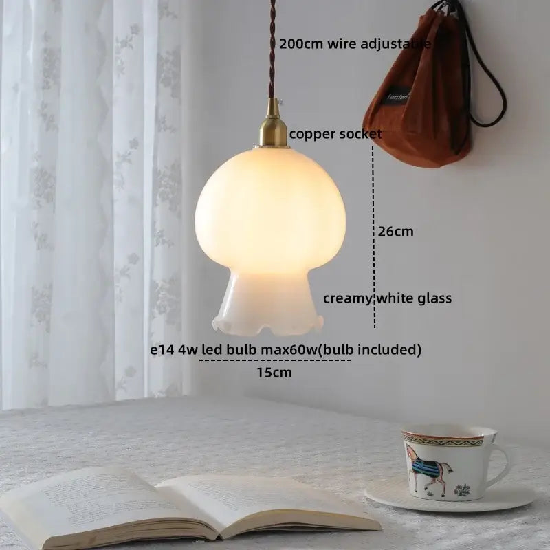 Creamy white glass pendant lights with copper walnut led socket and braided wire for vintage dining room decorbites