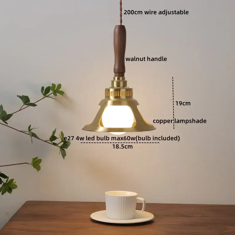 A brass bell-shaped pendant light with a copper walnut led lampshade for vintage scalloped glass decorbites pendant lights