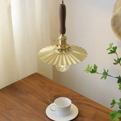 Brass pendant lights with dark wood handle and fluted shade for dining room decorbites copper walnut led lighting