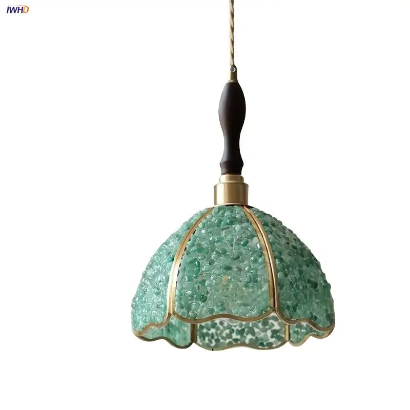 Vintage seafoam green glass pendant lamp with gold copper walnut led frame and dark wooden walnut led pendant handle