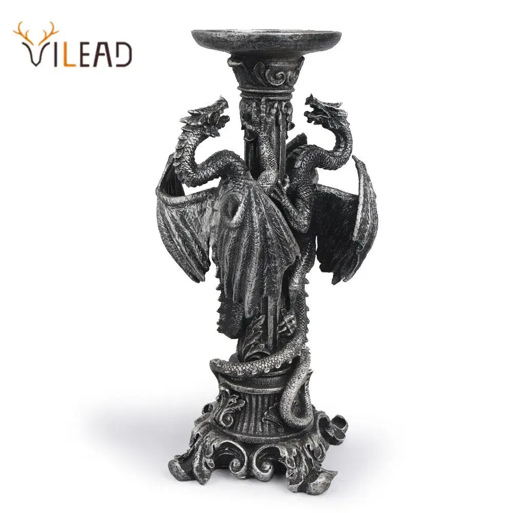 Antique-style black dragon candlestick sculpture with intricate details and ornate base for dining room decor