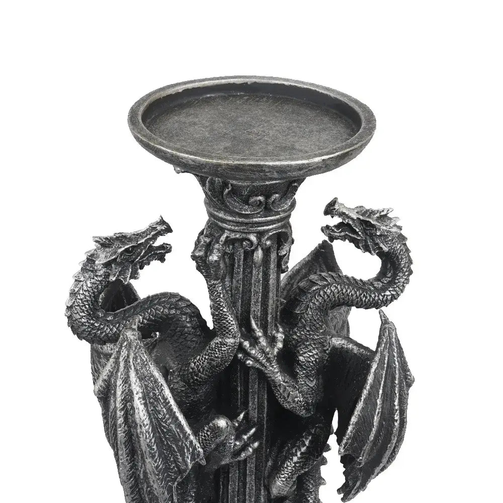 Dark metallic vintage silver dragon candlestick sculptures featuring two detailed dragons coiled around a column base
