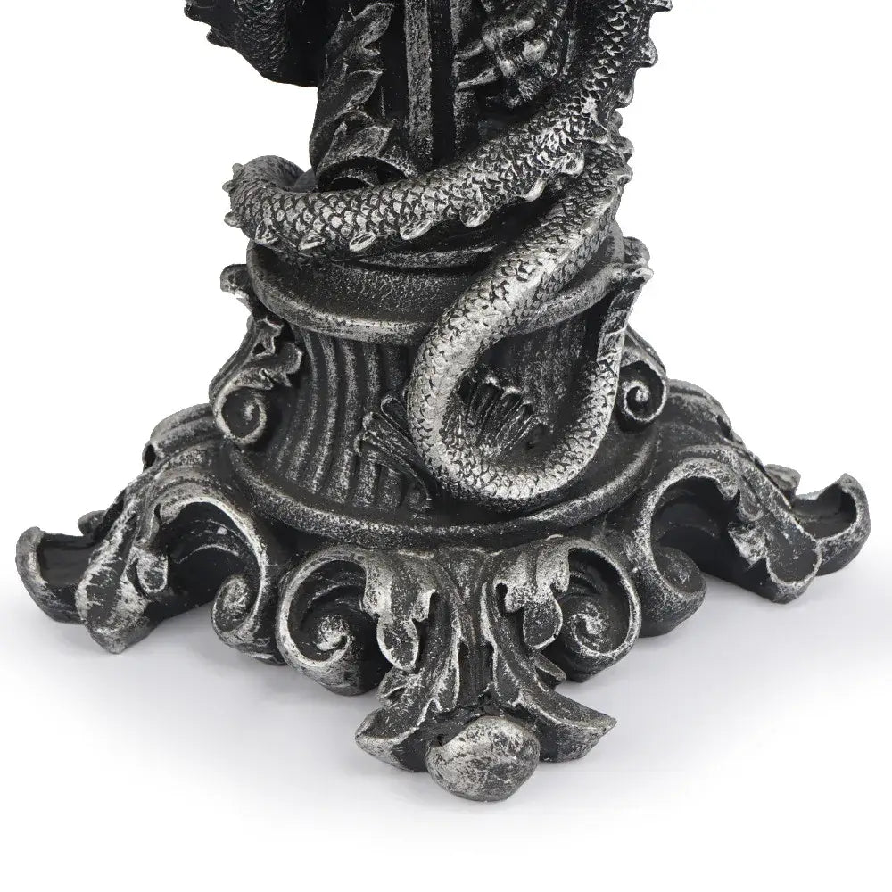 Vintage silver dragon candlestick sculpture with intricate textured scales and ornate scrollwork base for dining decor