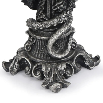 Vintage silver dragon candlestick sculpture with intricate textured scales and ornate scrollwork base for dining decor