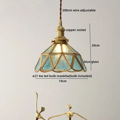 Vintage silver flower glass copper led hanging light with blue-tinted glass copper led and brass frame for bedroom