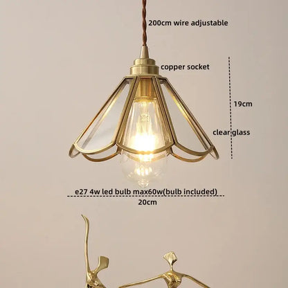 Vintage silver flower glass copper led hanging light with brass frame clear panels and visible led bulb for bedroom