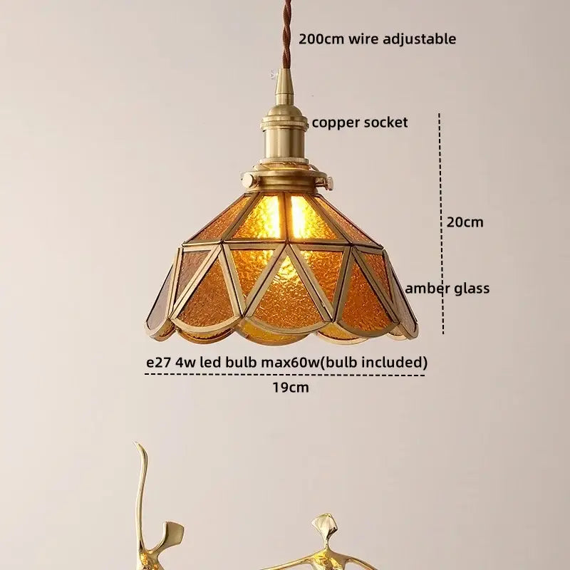 Vintage silver flower glass copper led hanging light with brass-finished copper socket and amber glass panels