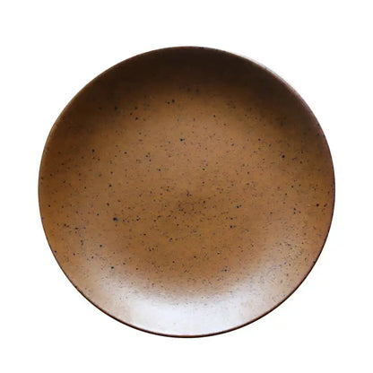 A rustic brown ceramic round swallow plate with speckled glaze and raised rim from decorbites ceramic round collection