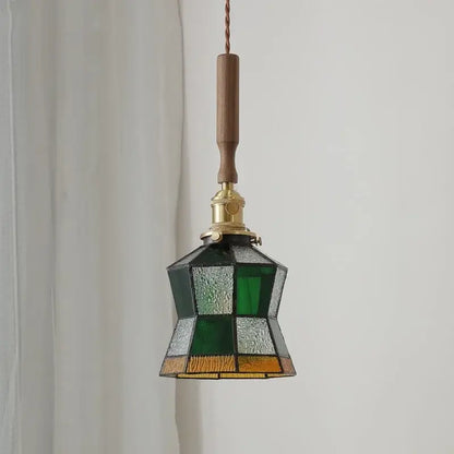 Vintage pendant lights with stained glass panels in green silver amber brass hardware and wooden handle for dining room decorbites colorful glass led