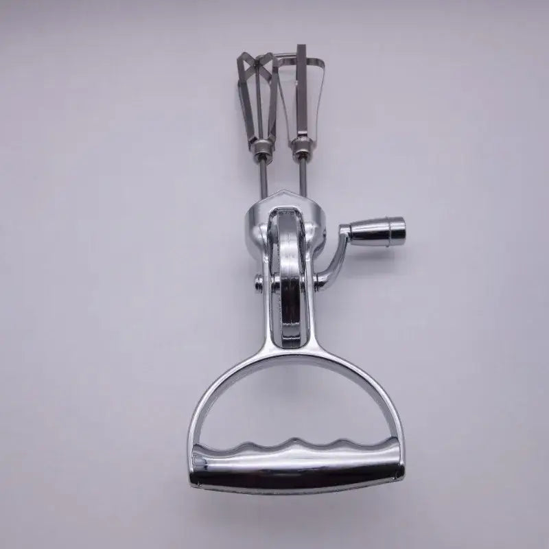 Vintage stainless steel chrome finished dual hand crank egg beater with two beaters and d shaped handle for whisking