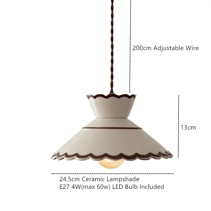 Cream-colored ceramic coloured glaze pendant light with scalloped edge dark brown trim and 200cm twisted wire suspension