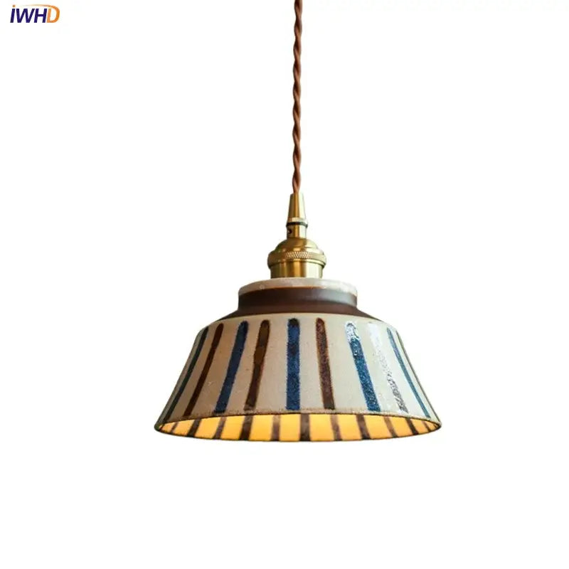 Vintage striped ceramic coloured glaze pendant light with blue brown and cream stripes, twisted copper cord for dining room decorbites