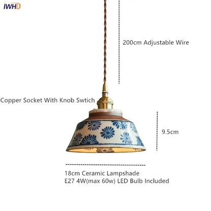 A charming blue and white floral 18cm ceramic coloured glaze pendant light with adjustable copper wire for dining room decorbites