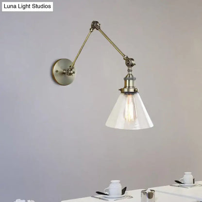 Antique brass vintage style adjustable wall sconce with clear glass conical shade for living room lighting