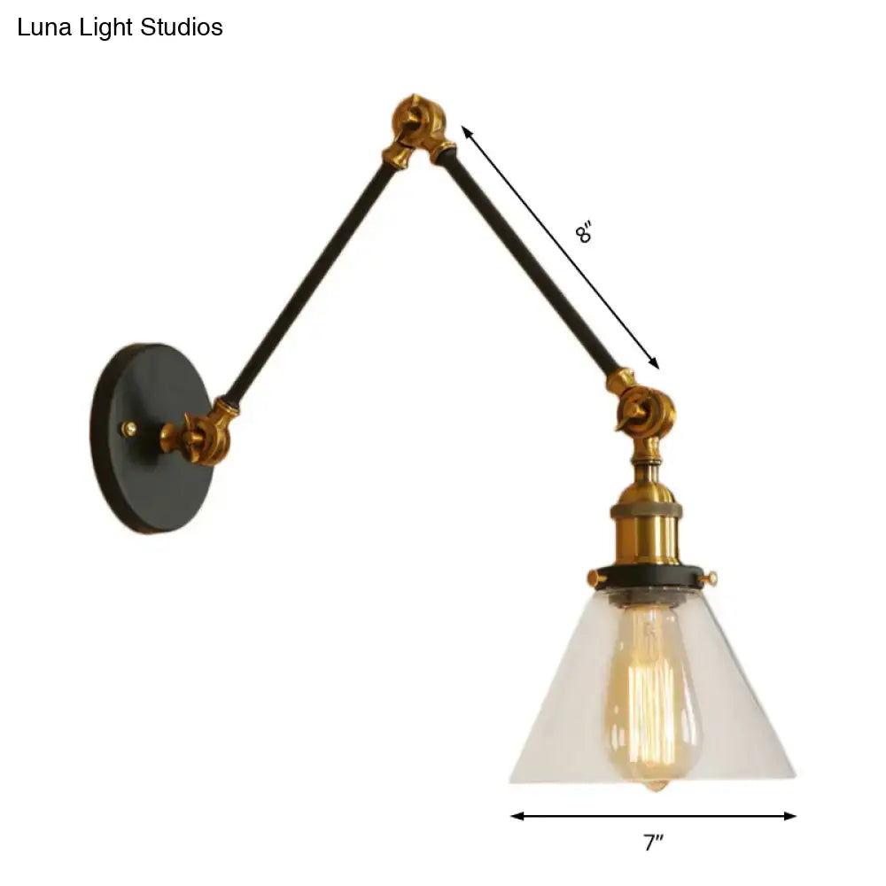 Decorbites™ vintage style wall sconce with black articulated arms, clear glass shade, and satin brass hardware for living room lighting