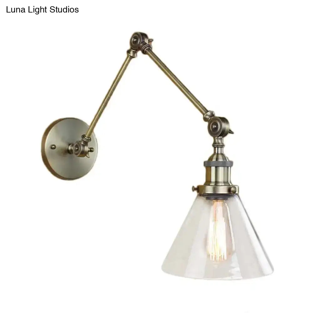 Antique brass vintage style adjustable wall sconce with clear glass conical shade for living room lighting