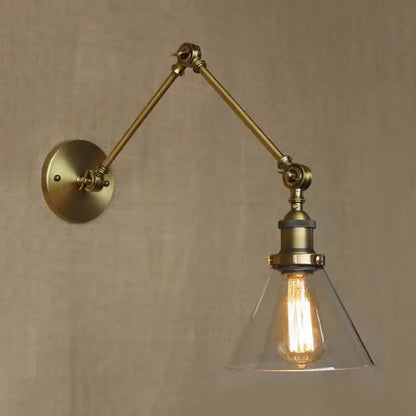 Decorbites vintage style wall sconce with adjustable brass arm satin brass finish clear glass conical shade antique brass option