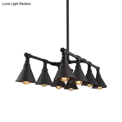 DecorBites vintage style black metal island chandelier with 8 cone pendants and exposed filament bulbs 220v-240v 110v-120v