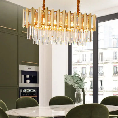 Decorbites™ brass finish multi light pendant chandelier with vintage style featuring faceted crystals and hanging droplets
