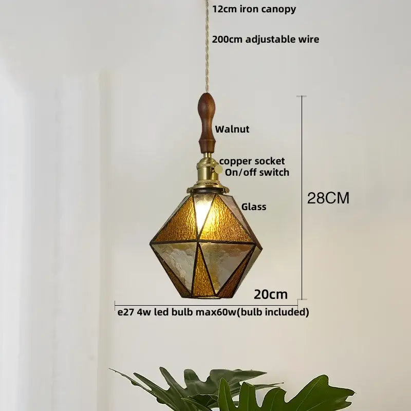 Vintage teal blue glass led pendant light with amber-tinted glass panels walnut handle and copper socket decorbites blue glass