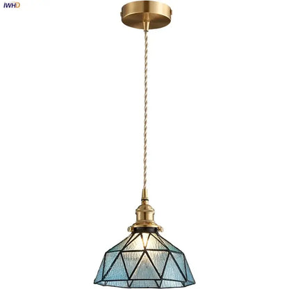Vintage teal blue glass led pendant light with brass metal frame and faceted shade by decorbites blue glass