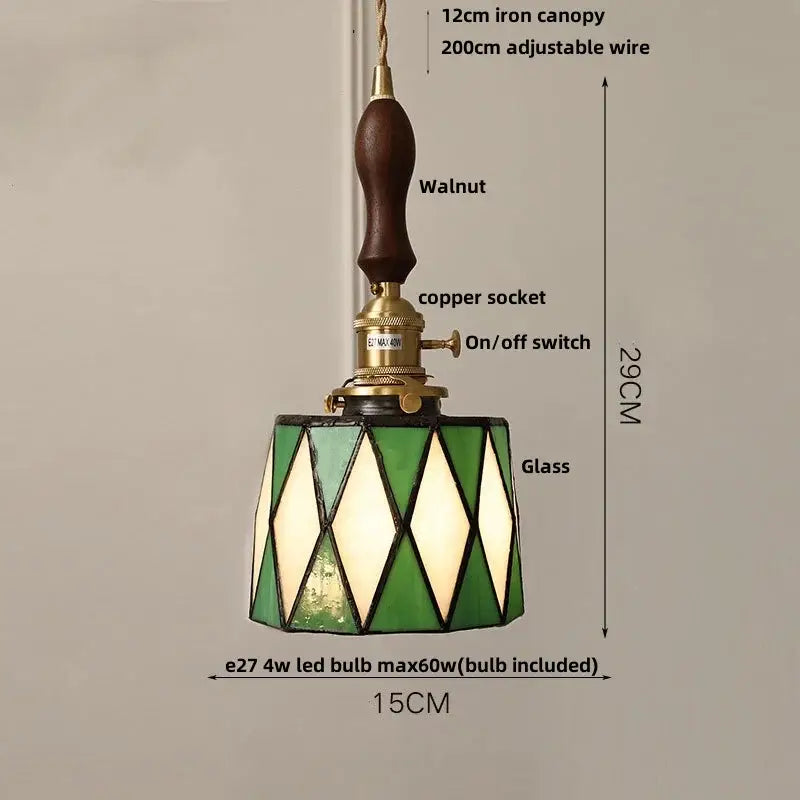 Vintage teal blue glass led pendant light with green and white stained glass shade and walnut iron canopy decorbites blue glass