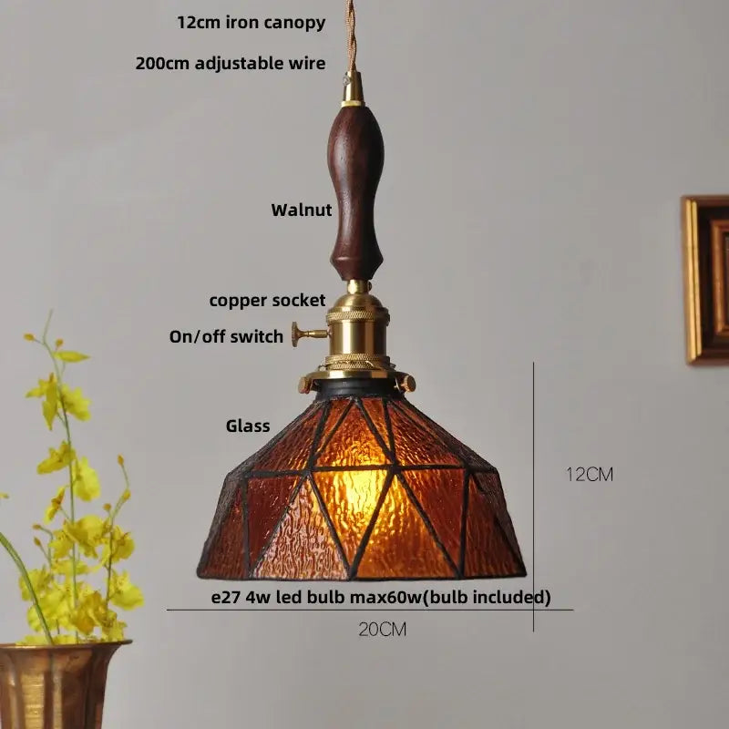 Vintage teal blue glass led pendant light with amber stained glass, brass accents, and walnut wooden handle decorbites blue glass