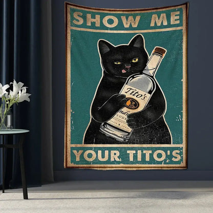 Vintage teal cat tarot tapestry with black cat holding titos vodka framed by distressed beige borders decorbites cat tarot wall decor