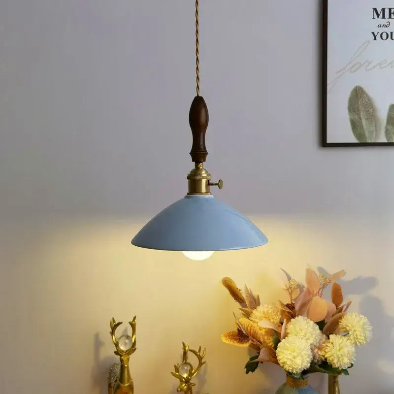 Vintage teal ceramic led pendant lamp with soft blue dome, wood handle, brass hardware for kitchen decorbites ceramic led lighting