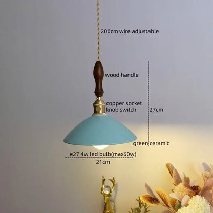 Vintage teal ceramic led pendant lamp with wooden handle and copper socket knob switch for kitchen decorbites ceramic led use
