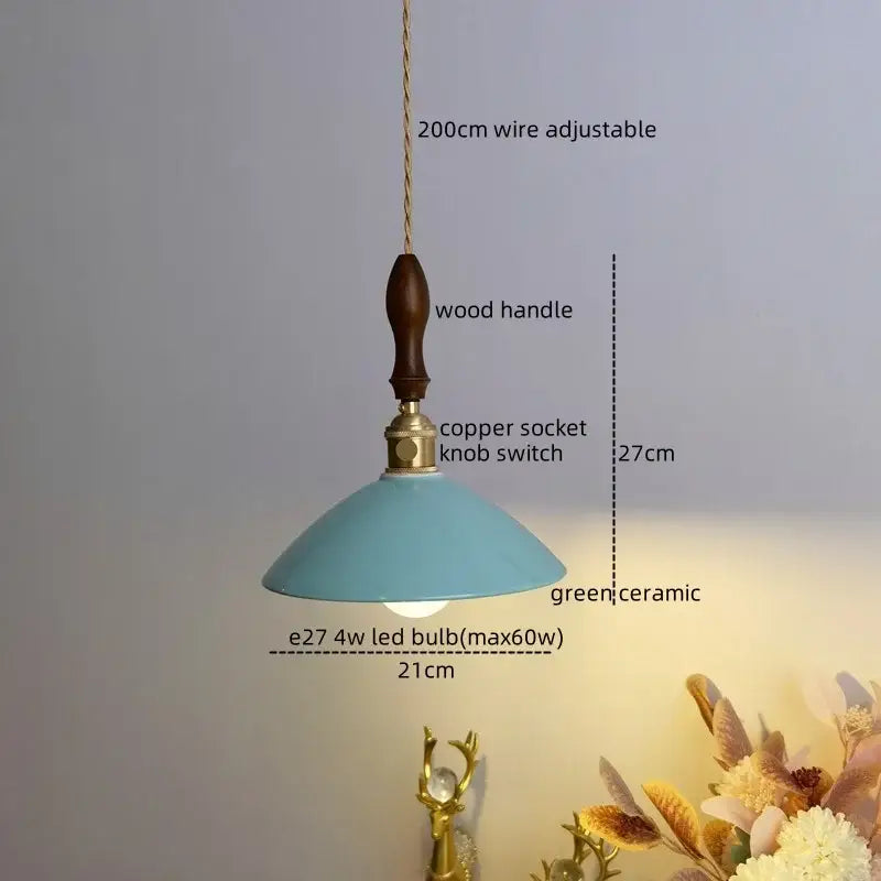 Vintage teal ceramic led pendant lamp with wooden handle and copper socket knob switch for kitchen decorbites ceramic led use