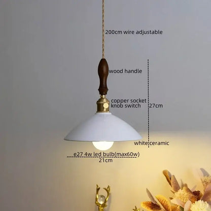 Vintage teal ceramic led pendant lamp with white ceramic shade wooden handle and copper socket for kitchen decorbites ceramic led