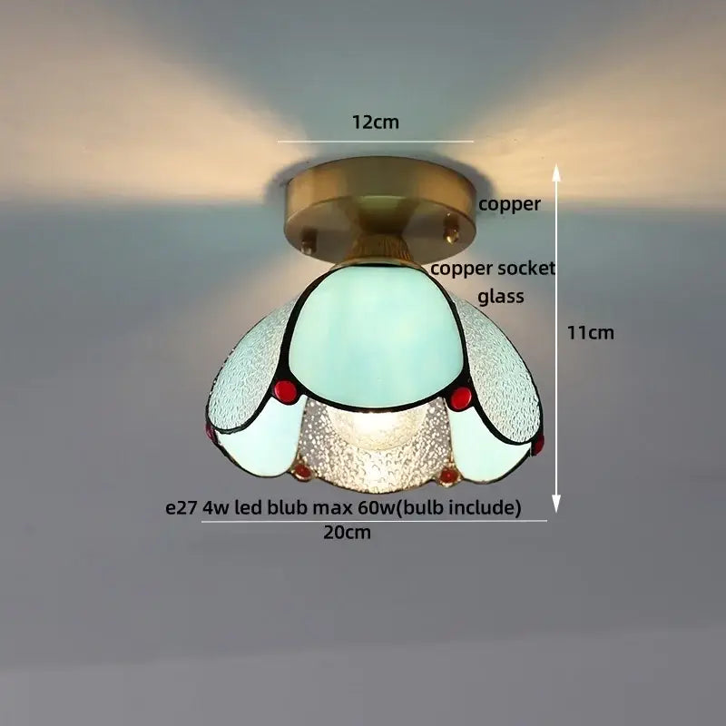 Vintage tiffany stained glass led ceiling lamp with copper finish brass fixture and teal frosted shade with red beads