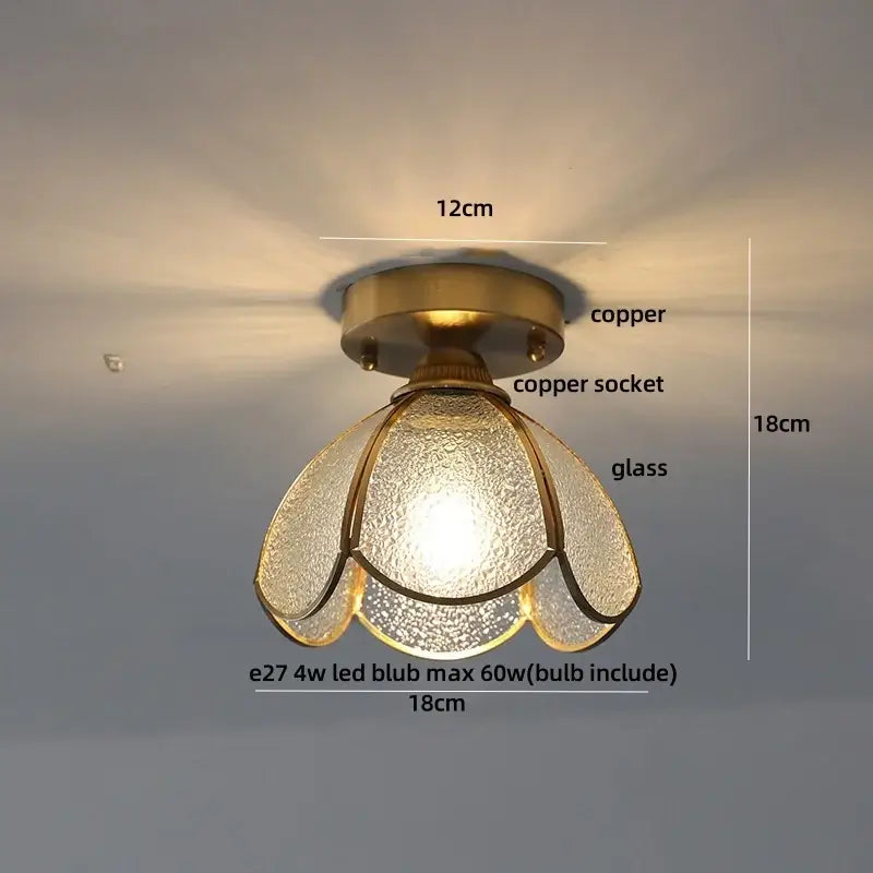 Vintage tiffany stained glass led ceiling lamp with warm-toned copper socket and textured glass petals in brass fixture