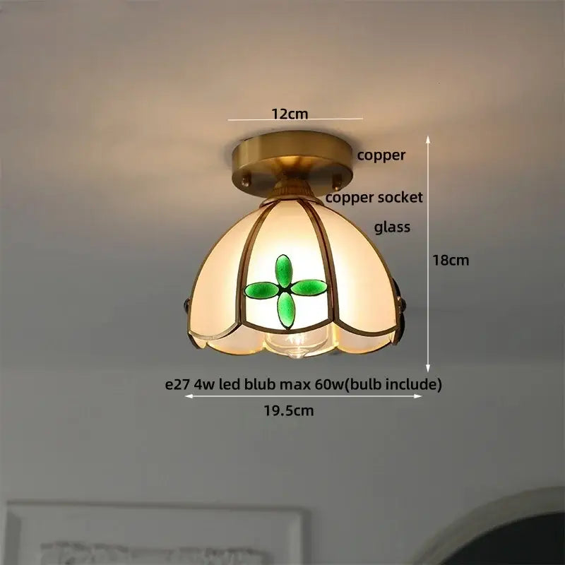 Vintage tiffany stained glass led ceiling lamp with copper base and green floral glass shade for bedroom brass fixture