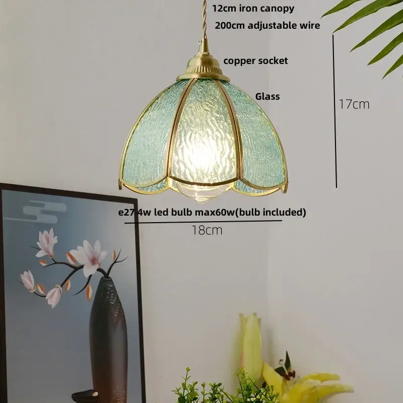 Vintage Tiffany stained glass pendant lamp with teal glass, brass vintage frame, and adjustable copper socket decorbites brass vintage