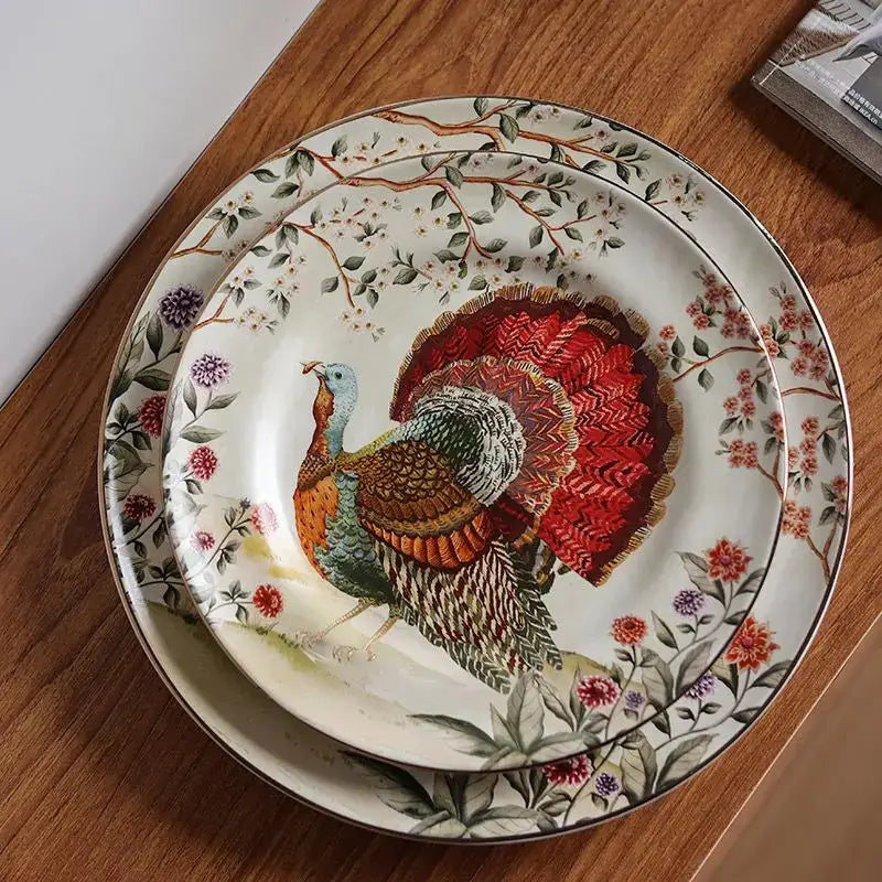 Decorative vintage ceramic plate with vibrant turkey and floral patterns for western steak fruit dining room decor
