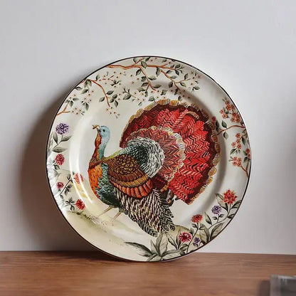 Vintage decorative ceramic western steak fruit plate featuring a detailed turkey with vibrant feathers and floral patterns