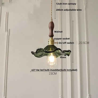 Vintage walnut and brass glass led pendant lamp with green glass and wooden handle for dining room lighting