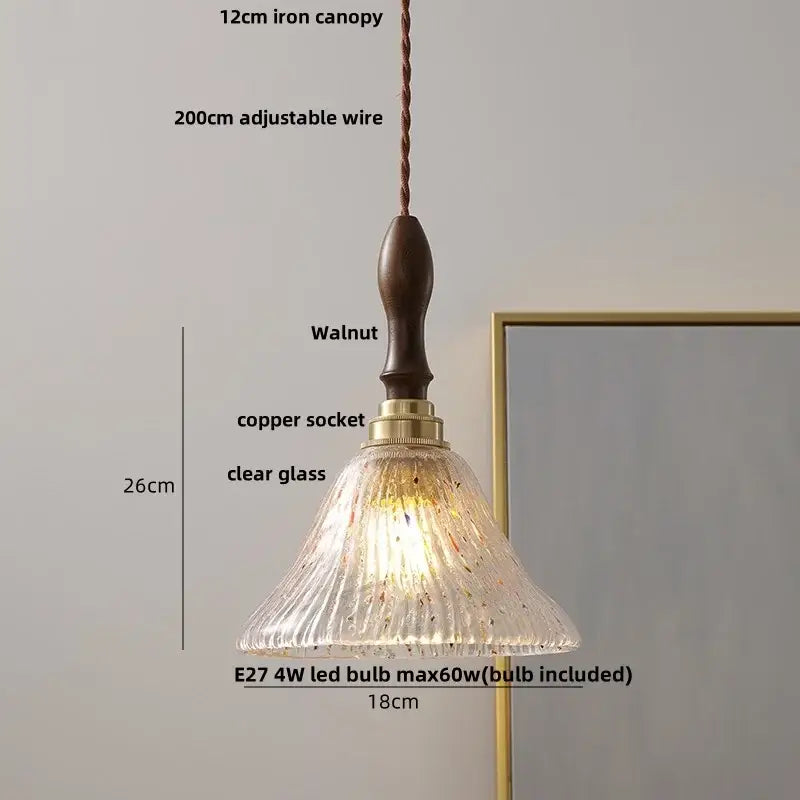 Vintage walnut and green glass pendant light with dark walnut iron canopy and copper socket for decorbites led wood walnut use